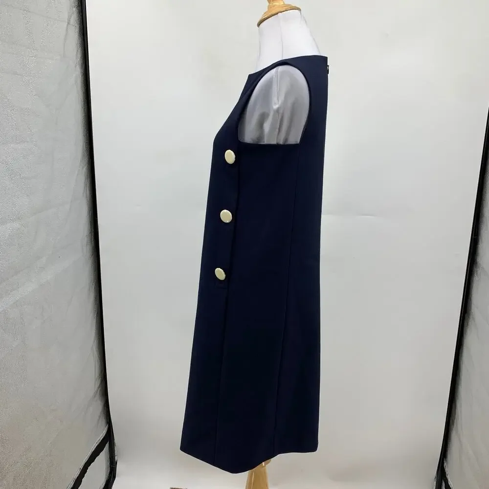 Tory Burch Dress Women 0 Navy Suiting Double Lined Side Buttons Sleeveless Shift